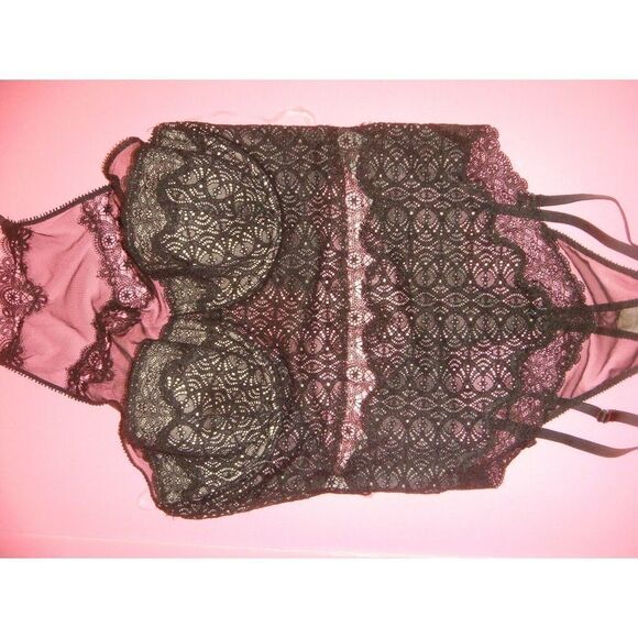 Victoria's Secret 36D BRA SET+garter TEDDY+L thong+ROBE BLACK embroidered lace - Picture 4 of 8